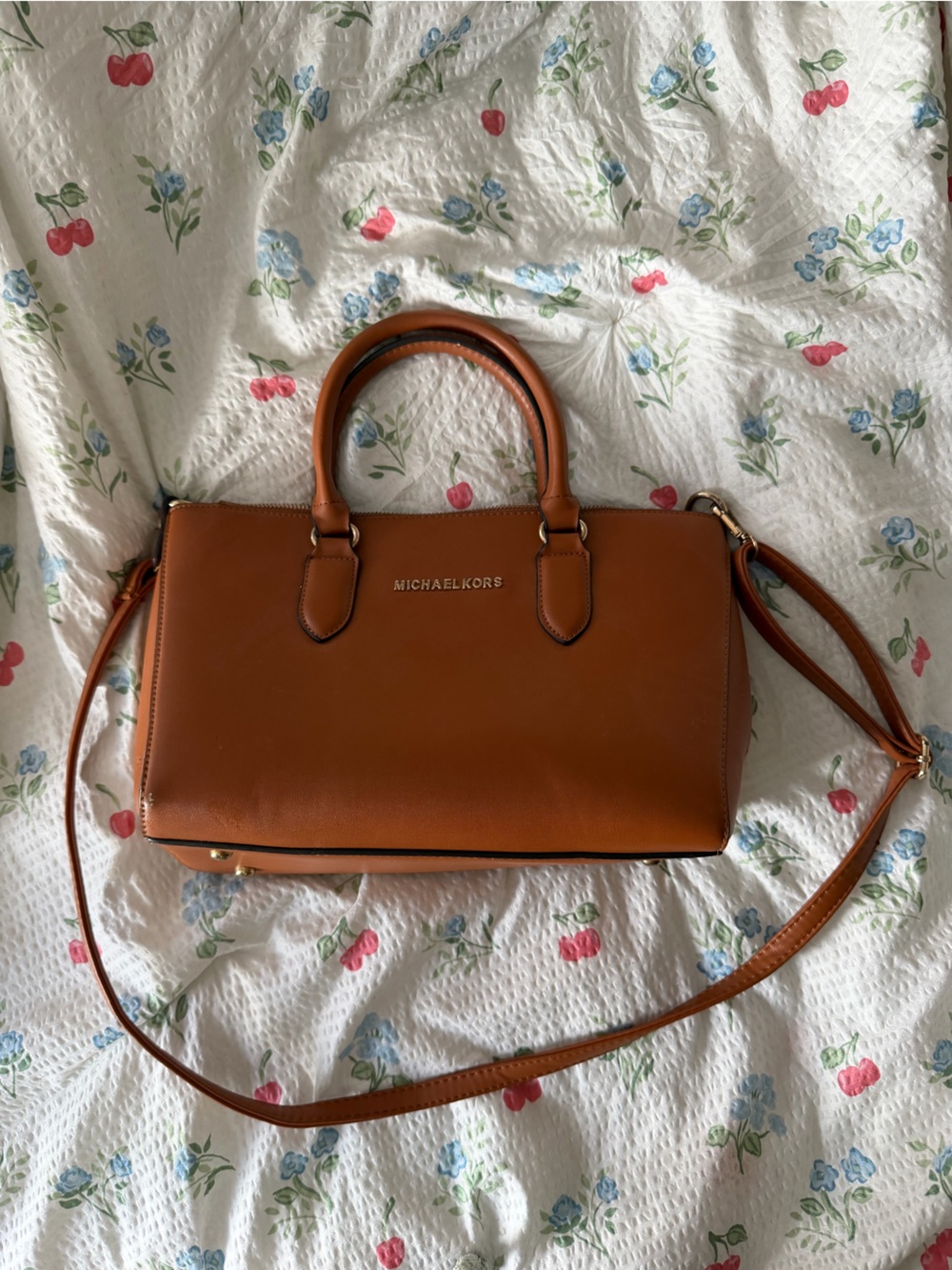 MICHAEL KORS Cognac Leather Satchel with Crossbody Strap